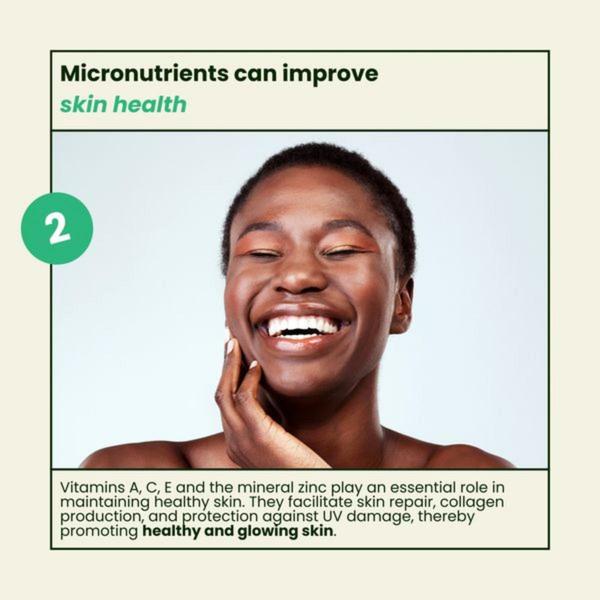 A clear, text-heavy educational slide featuring a smiling person to highlight the specific skin health benefits of micronutrients.